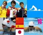 Podium Natação 200 m borboleta mulheres, Jiao Liuyang (China), Mireia Belmonte (Espanha) e Natsumi Koshi (Japão) - Londres 2012-