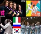 Pódio Esgrima florete por equipes feminino, Itália, Rússia e Coréia do Sul - Londres 2012-