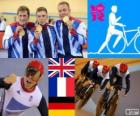 Pódio de ciclismo pista de velocidade por equipes masculinos, Reino Unido, França e Alemanha - Londres 2012-