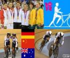 Pódio de ciclismo pista de velocidade por equipes femininas, Kristina Vogel, Miriam Welte (Alemanha), Gong Jinjie, Shuang Guo (China) e Kaarle McCulloch, Anna Meares (Austrália) - Londres 2012-