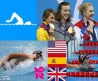 Podium Natação 800 m estilo livre feminino, Katie Ledecky (Estados Unidos), Mireia Belmonte (Espanha) e Rebecca Adlington (Reino Unido) - Londres 2012-