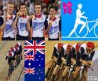 Pódio de ciclismo pista perseguição por equipes de 4000m masculina, Reino Unido, Austrália e Nova Zelândia - Londres 2012-