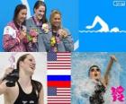 Podió natação 200m estilo costas mulheres, Missy Franklin (Estados Unidos), Anastasia Zueva (Rússia) e Elizabeth Beisel (Estados Unidos) - Londres 2012-