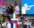 Pódio tiro fossa olímpica feminino, Jessica Rossi (Itália), Zuzana Štefečekova (Eslováquia) e Delphine Réau (França) - Londres 2012-