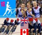 Pódio de ciclismo pista perseguição por equipes de 4000m feminina, Reino Unido, Estados Unidos e Canadá - Londres 2012-