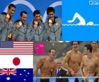 Podium natação revezamento 4x100 m medley masculino, Estados Unidos, Japão e Austrália - Londres 2012-