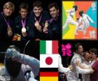 Pódio Esgrima florete por equipes masculino, Itália, Japão e Alemanha, Londres 2012