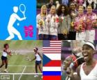 Pódio tênis duplas femininas, Serena Williams, Venus Williams (Estados Unidos), Andrea Hlavackova, Lucie Hradecka (República Checa) e Maria Kirilenko, Nadia Petrova (Rússia), Londres 2012