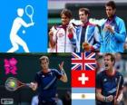 Pódio tênis simples masculino, Andy Murray (Grã-Bretanha), (Suíça): Roger Federer e Juan Martin del Potro (Argentina), Londres 2012