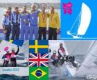 Pódio vela star, Fredrik Loof, Max Salminen (Suécia), Iain Percy e Andrew Simpson (Reino Unido), Robert Scheidt, Bruno Prada (Brasil), Londres 2012