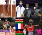 Pódio atletismo 3000 m com obstáculos masculino, Ezekiel Kemboi (Quênia), Mahiedine Mekhissi-Benabbad (França) e Kiprop Mutai de Abel (Quênia) Londres 2012