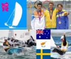 Pódio vela laser masculino, Tom Slingsby (Austrália), Pavlos Kontides (Chipre) e Rasmus Myrgren (Suécia, Londres 2012