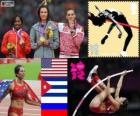 Pódio atletismo salto com vara feminino, Jennifer Suhr (Estados Unidos), Yarisley Silva (Cuba) e Elena Isinbayeva (Rússia), Londres 2012