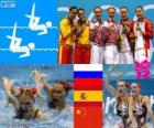 Podium natação synchro dueto, Natalia Ishchenko, Svetlana Romashina (Rússia), Ona Carbonell e Andrea Fuentes (Espanha) e Huang Xuechen, Liu Ou (China), Londres 2012