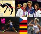 Pódio atletismo lançamento de dardo feminino, Barbora Špotáková (República Checa), Christina Obergfoll e Linda Stahl (Alemanha), Londres 2012