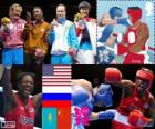 Pódio boxe meio-pesado feminino, Claressa Shields (Estados Unidos), Nadezda Torlopova (Rússia), Marina Volnova (Cazaquistão) e jinzi Li (China) - Londres 2012-