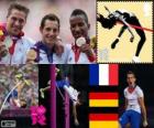 Pódio atletismo salto com vara homens, Renaud Lavillenie (França), Bjorn Otto e Raphael Holzdeppe (Alemanha), Londres 2012