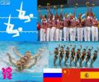 Pódio natação synchro equipe, Rússia, China e Espanha, Londres 2012