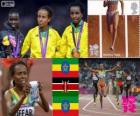 Pódio atletismo 5.000 m  feminino, Meseret Defar (Etiópia), Vivian Cheruiyot (Quênia) e Tirunesh Dibaba (Etiópia), Londres 2012