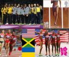 Pódio atletismo 4 x 100 m feminino, Estados Unidos, Jamaica e Ucrânia, Londres 2012