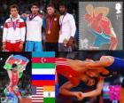 Pódio luta livre 60kg masculino, Toghrul Asgarov (Azerbaijão), Besik Kudujov (Rússia), Coleman Scott (Estados Unidos) e Yogeshwar Dutt (Índia), Londres 2012