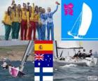 Pódio vela elliott 6m, Támara Echegoyen, Sofía Toro, Ángela Pumariega (Espanha), Olivia Price, Nina Curtis, Lucinda Whitty (Austrália) e Silja Lehtinen, Silja Kanerva, Mikaela Wulff (Finlândia), Londres 2012