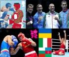 Pódio boxe pesado - 91 kg masculino, Oleksandr Usyk (Ucrânia), Clemente Russo (Itália), Tervel Pulev (Bulgária) e Teymur Mammadov (Azerbaijão), Londres 2012