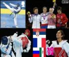 Pódio Taekwondo acima de 67 kg mulheres, Milica Mandić (Sérvia), Anne Caroline Graffe (França), Anastasia Baryshnikova (Rússia) e María de el Rosario Espinoza (México), Londres 2012 