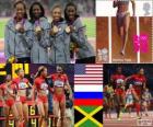 Pódio atletismo 4 x 400 m feminino, Estados Unidos, Rússia e Jamaica, Londres 2012