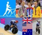 Pódio ciclismo de pista omnium feminino, Laura Trott (Reino Unido), Sarah Hammer (Estados Unidos) e Annette Edmonson (Austrália), Londres 2012