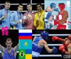 Pódio boxe meio-pesado - 81 homens, Egor Mekhontsev (Rússia), Adilbek Niyazymbetov (Cazaquistão), Yamaguchi Falcão (Brasil) e Olexandr Gvozdyk (Ucrânia), Londres 2012