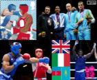 Pódio boxe Superpesado acima de 91 kg homens, Anthony Joshua (Reino Unido), Roberto Cammarelle (Itália), Magomedrasul Majidov (Azerbaijão) e Ivan Dychko (Cazaquistão), Londres 2012