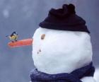 Boneco de neve com um pássaro em seu nariz