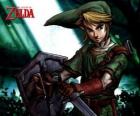Link com espada e escudo nas aventuras do jogo de vídeo Legend of Zelda