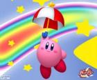 Kirby com um guarda-chuva voando entre as estrelas eo arco-íris