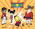 Os quatro guerreiros Xiaolin: Raimundo, Kimiko, Omi e Clay