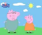 Os pais de Peppa Pig caminhando sob o sol