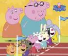 Peppa Pig e seus amigos preparados para uma carreira