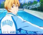 Nagisa com o agasalho do clube de natação Iwatobi