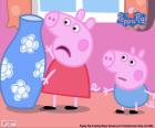 Peppa Pig quase quebra um vaso azul, antes do olhar atento de George Pig