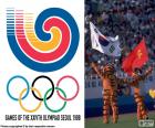 Logotipo e o mascote do Jogos Olímpicos de Seul 1988, Hodori e Hosuni, onde participaram 8391 atletas de 159 países