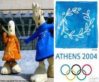 Logotipo e as mascotes dos Jogos Olímpicos de Atenas 2004, Athena e Phevos, onde participaram 10625 atletas de 201 países