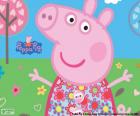 Na primavera, Peppa Pig vestida com um vestido floral