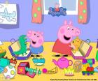 Peppa Pig e George com seus novos animais, o urso e o dinossauro