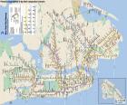 Mapa do metrô de Nova York, com 469 estações, 26 linhas e uma extensão de 1,062 km