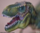 A cabeça de um dinossauro com boca aberta