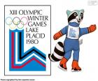 Logotipo e mascote Roni no Jogos Olímpicos de Lake Placid 1980, Estados Unidos. Onde foram 1072 atletas de 37 países