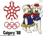 Logotipo e mascotes Howdy e preparem dos Jogos Olímpicos Calgary 1988, Canadá. A presença de 1423 atletas de 57 países