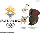 Logotipo e mascotes em Powder, Copper e o Coal no Jogos Olímpicos de Salt Lake City 2002, Estados Unidos. Onde participaram atletas de 2399 de 77 países