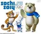 Logotipo e mascotes Leopard, Bely Mishka e Zaya dos Jogos Olímpicos de Sochi 2014, Rússia. Com a participação de 2871 atletas de 88 países